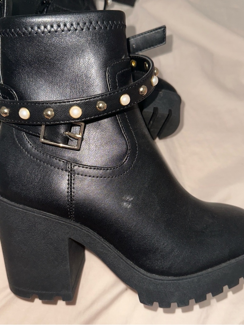Aldo Black Pearl-Embellished Chunky Heel Ankle Boots